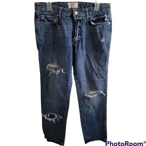 We the Free People Distressed Slim Boyfriend Jeans Raw Hem Button Fly 28